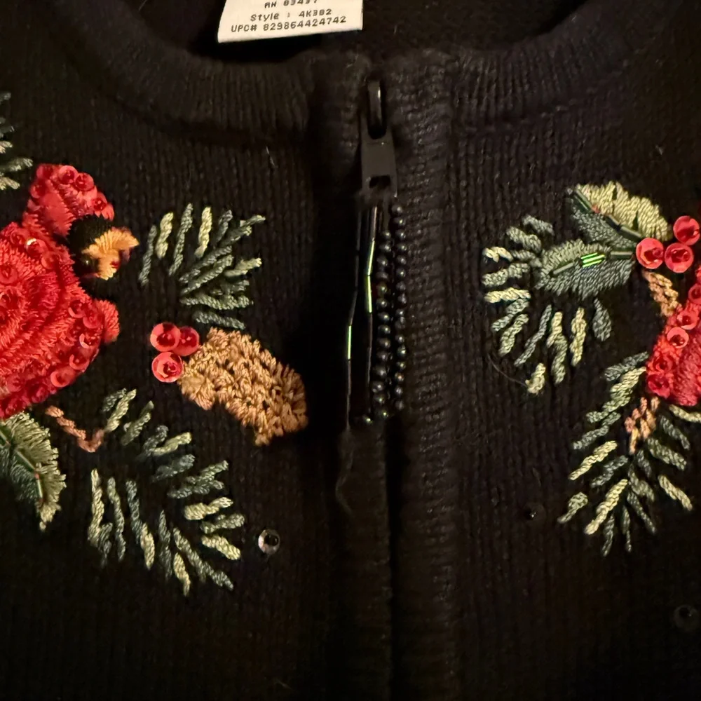 Vintage Tiara International Ugly Christmas Zip Cardigan Cardinal Holly Size XL